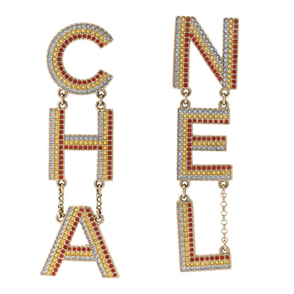 Chanel Metal Crystal Rainbow Cha-Nel Logo Drop Earrings Multicolor Gold 1 of 5