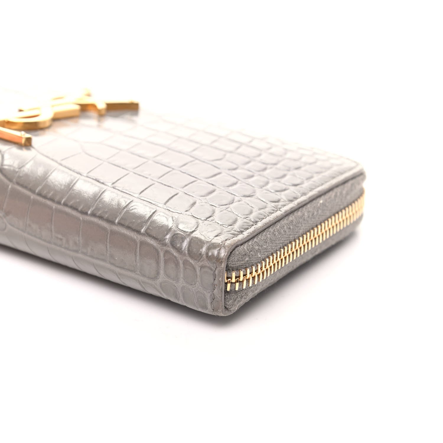 Saint Laurent Calfskin Crocodile Embossed Monogram Zip Around Wallet Gray 8 of 8