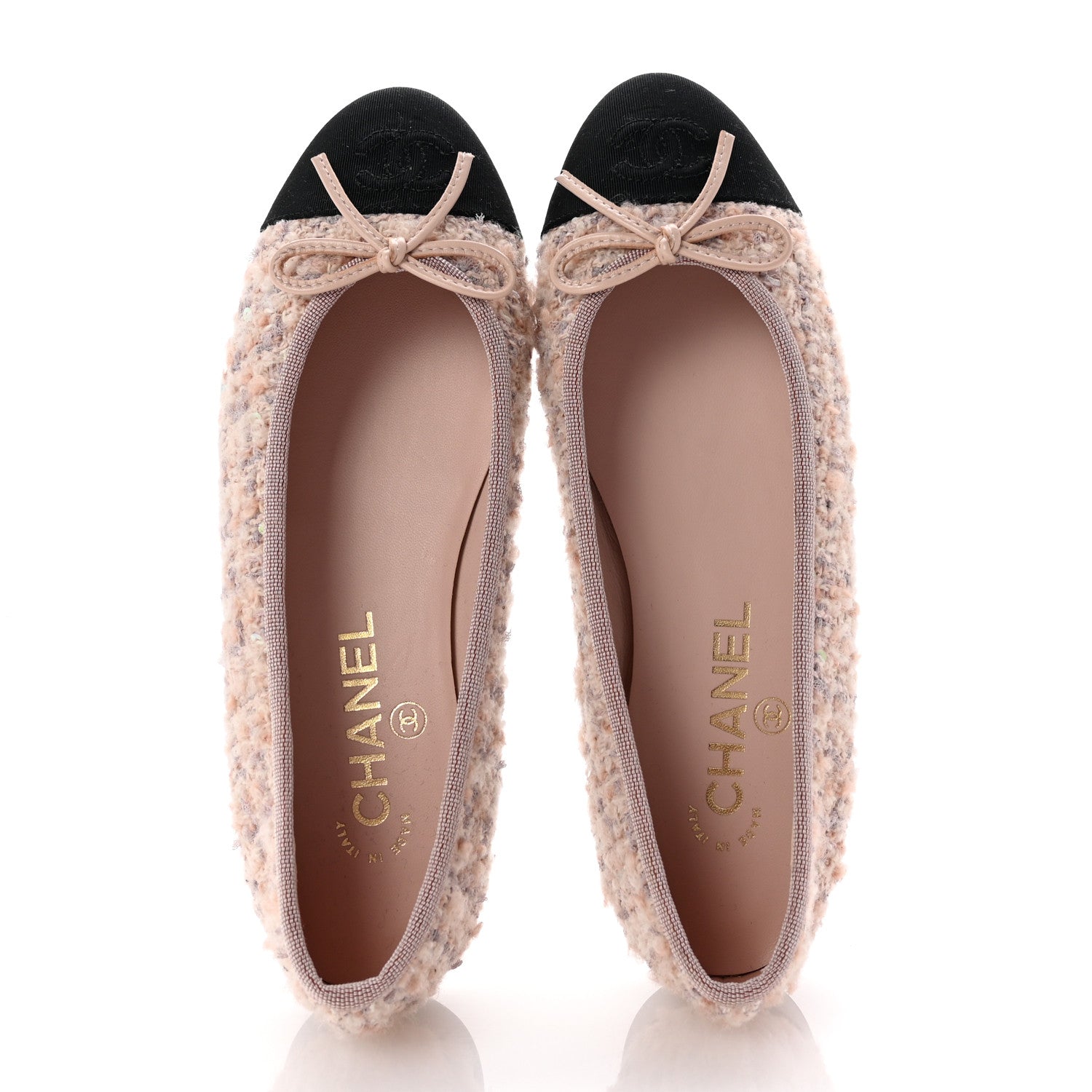 Chanel Glittered Tweed Grosgrain Cap Toe CC Ballerina Flats 36.5 Light Pink Beige Ecru Black 2 of 9