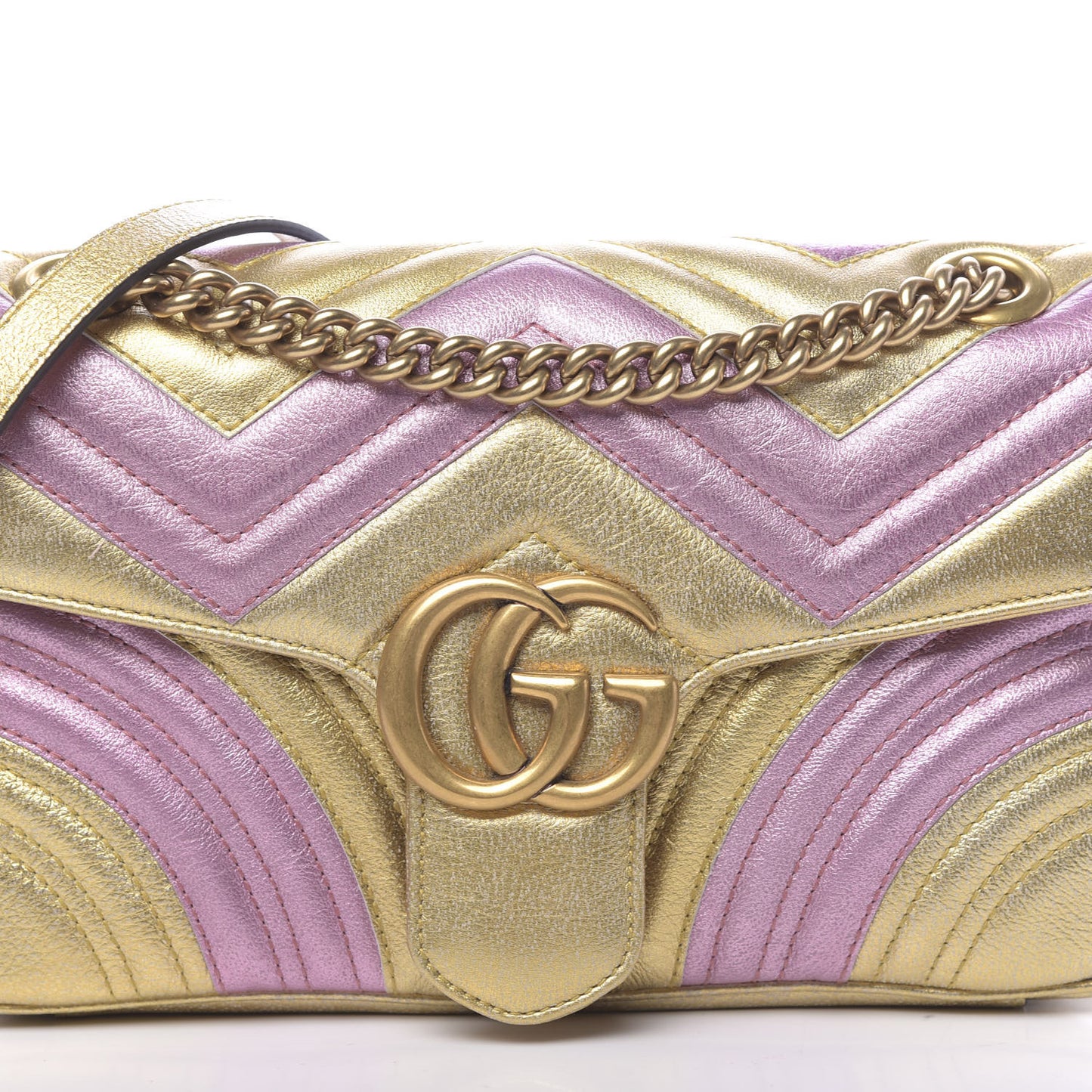 Metallic Calfskin Matelasse Small GG Marmont Shoulder Bag Gold Pink