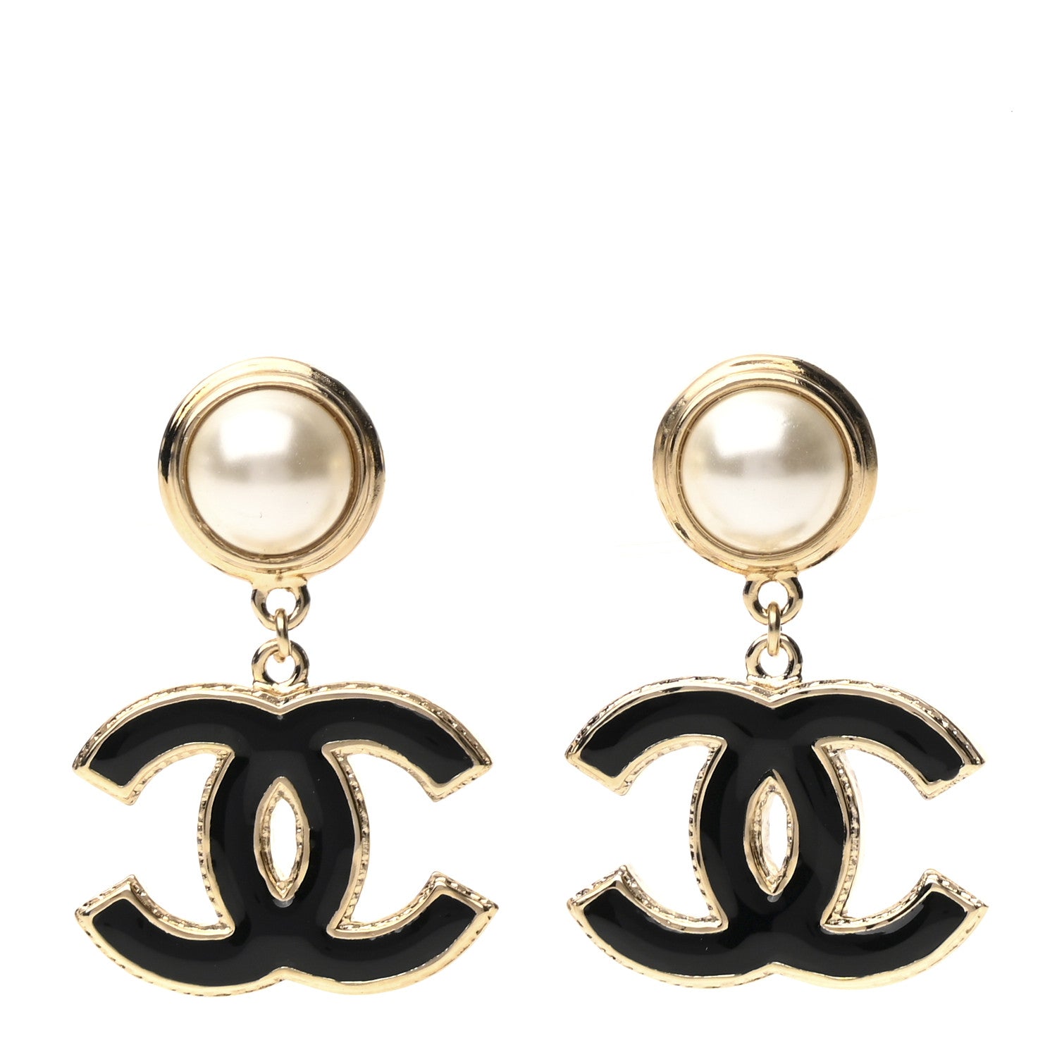 Chanel Pearl Enamel CC Drop Earrings Black 1 of 5