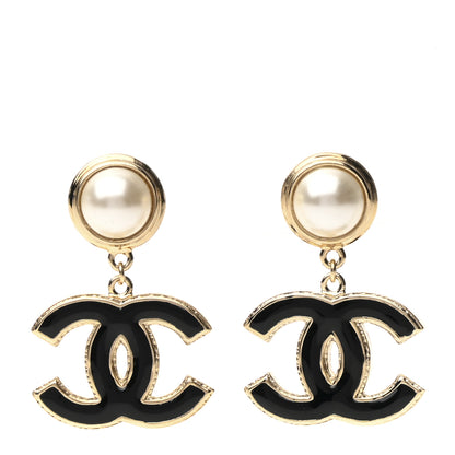 Chanel Pearl Enamel CC Drop Earrings Black 1 of 5