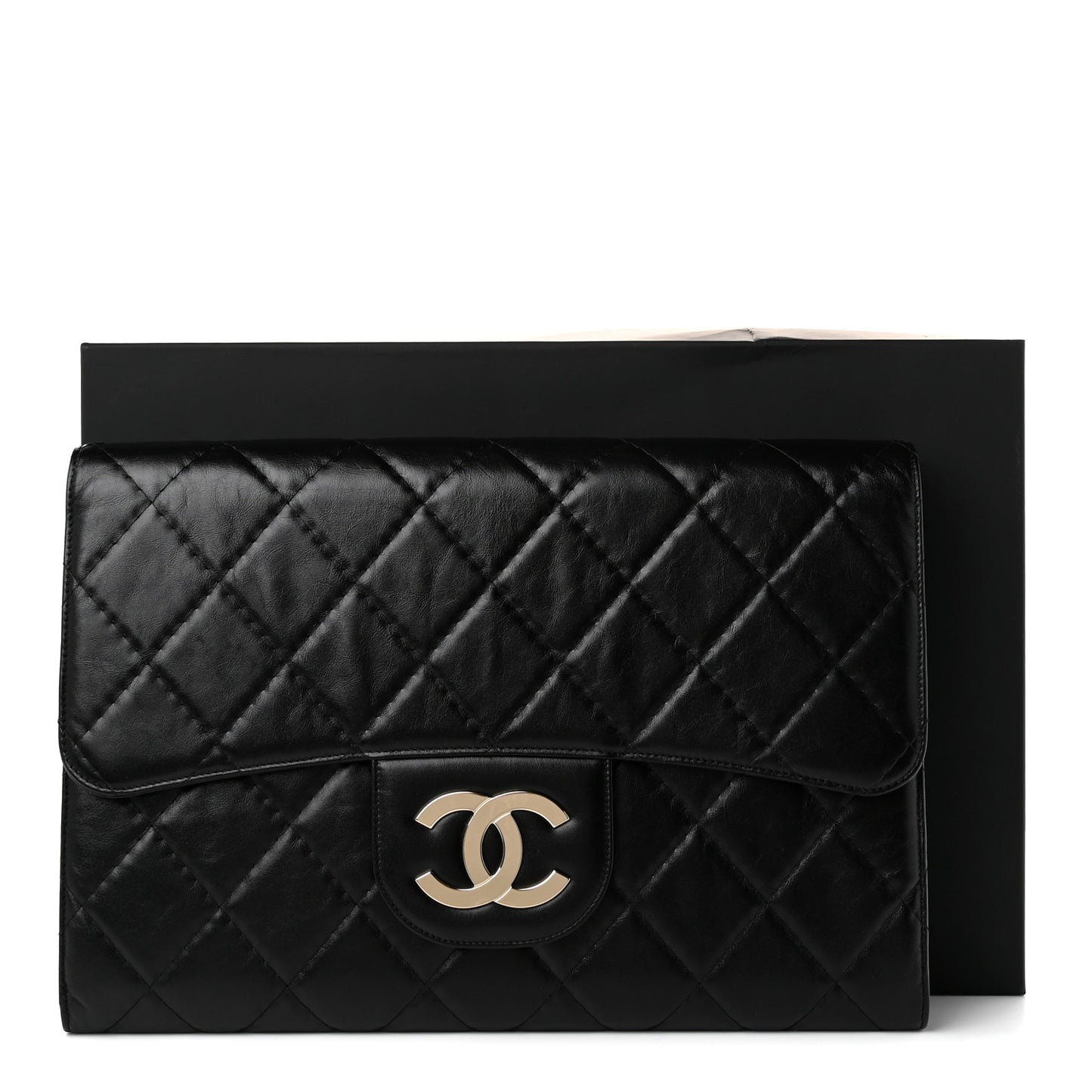 Shiny Crumpled Calfskin Quilted Large Clutch Black