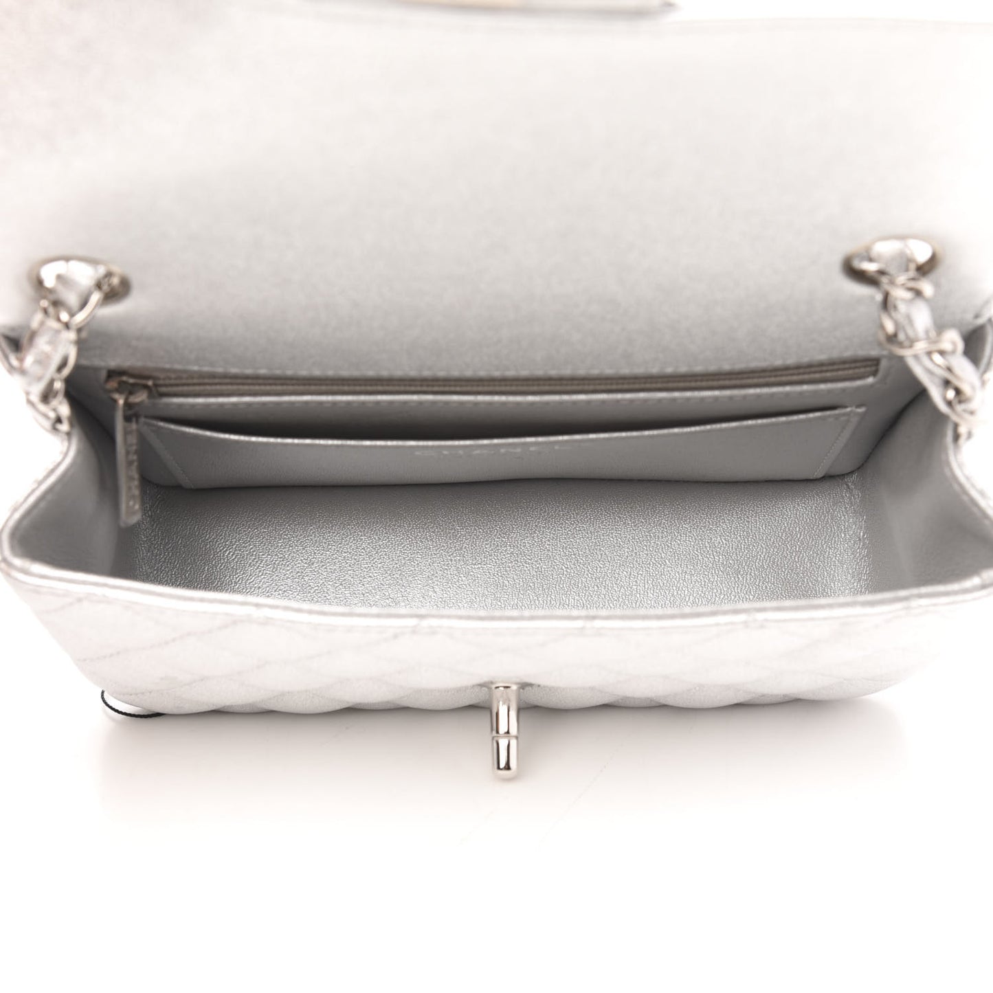 Metallic Lambskin Quilted Mini Rectangular Flap Silver