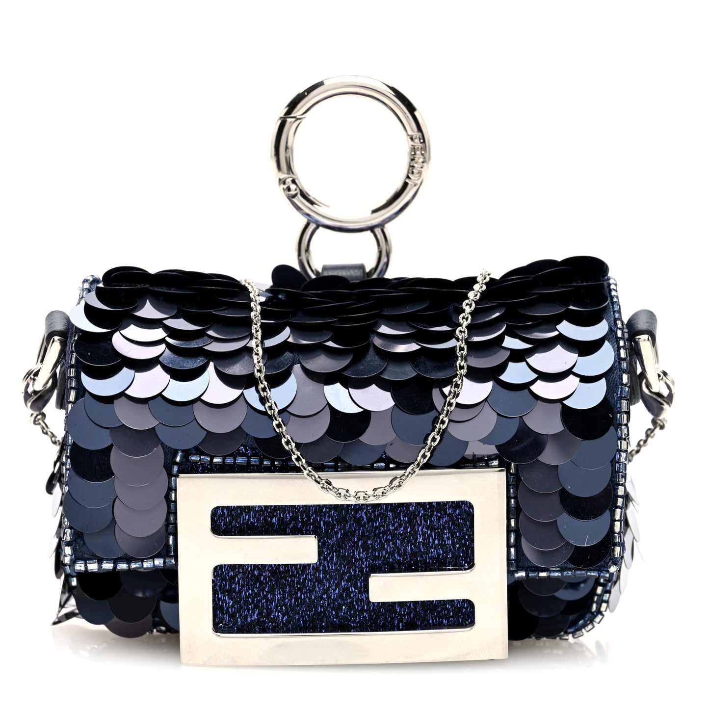 Sequin Paillettes Shiny Nappa Sex and the City Nano Maxi Buckle Baguette Charm Dark Blue