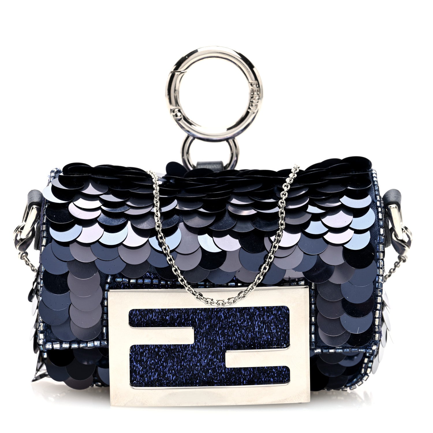 Fendi Sequin Paillettes Shiny Nappa Sex and the City Nano Maxi Buckle Baguette Charm Dark Blue 1 of 10