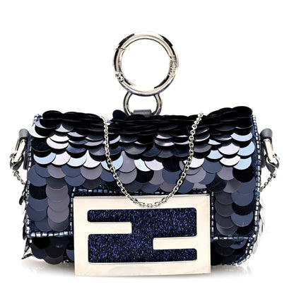 Fendi Sequin Paillettes Shiny Nappa Sex and the City Nano Maxi Buckle Baguette Charm Dark Blue 1 of 10
