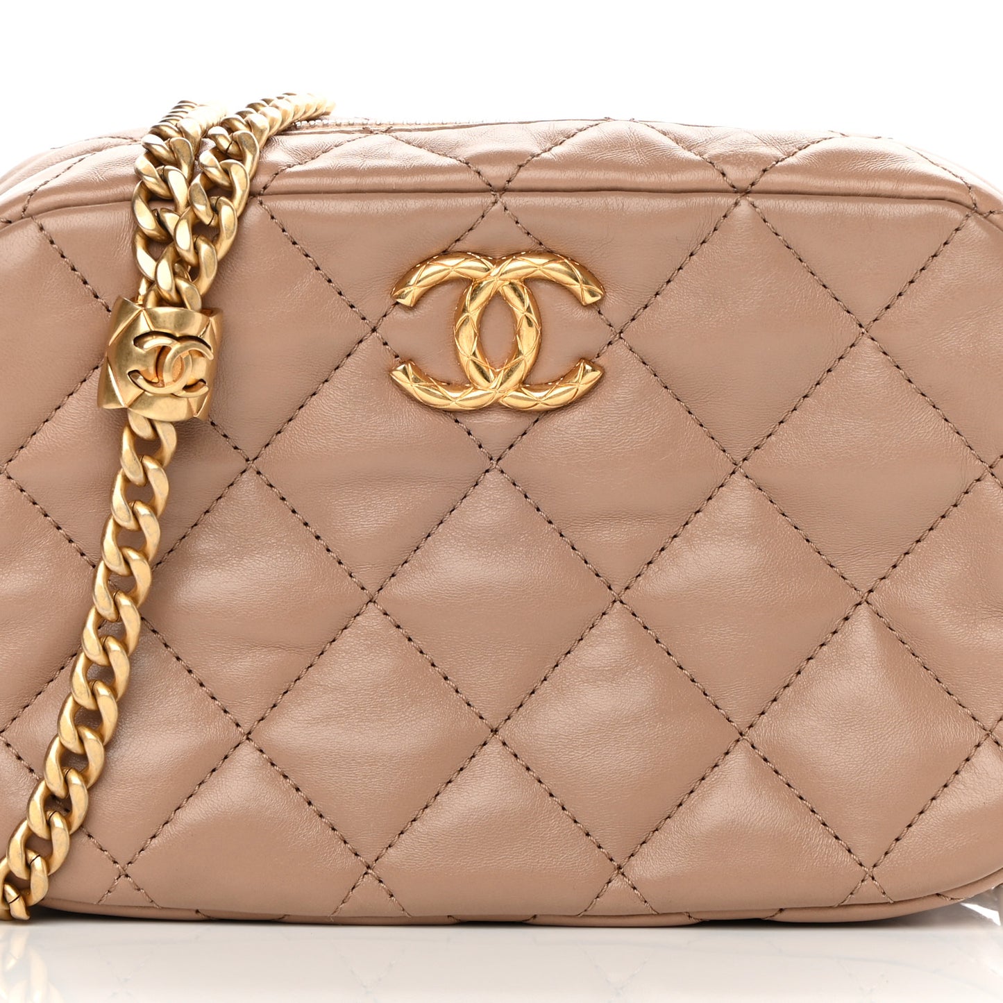 Lambskin Quilted Mini Pillow Crush Camera Case Beige