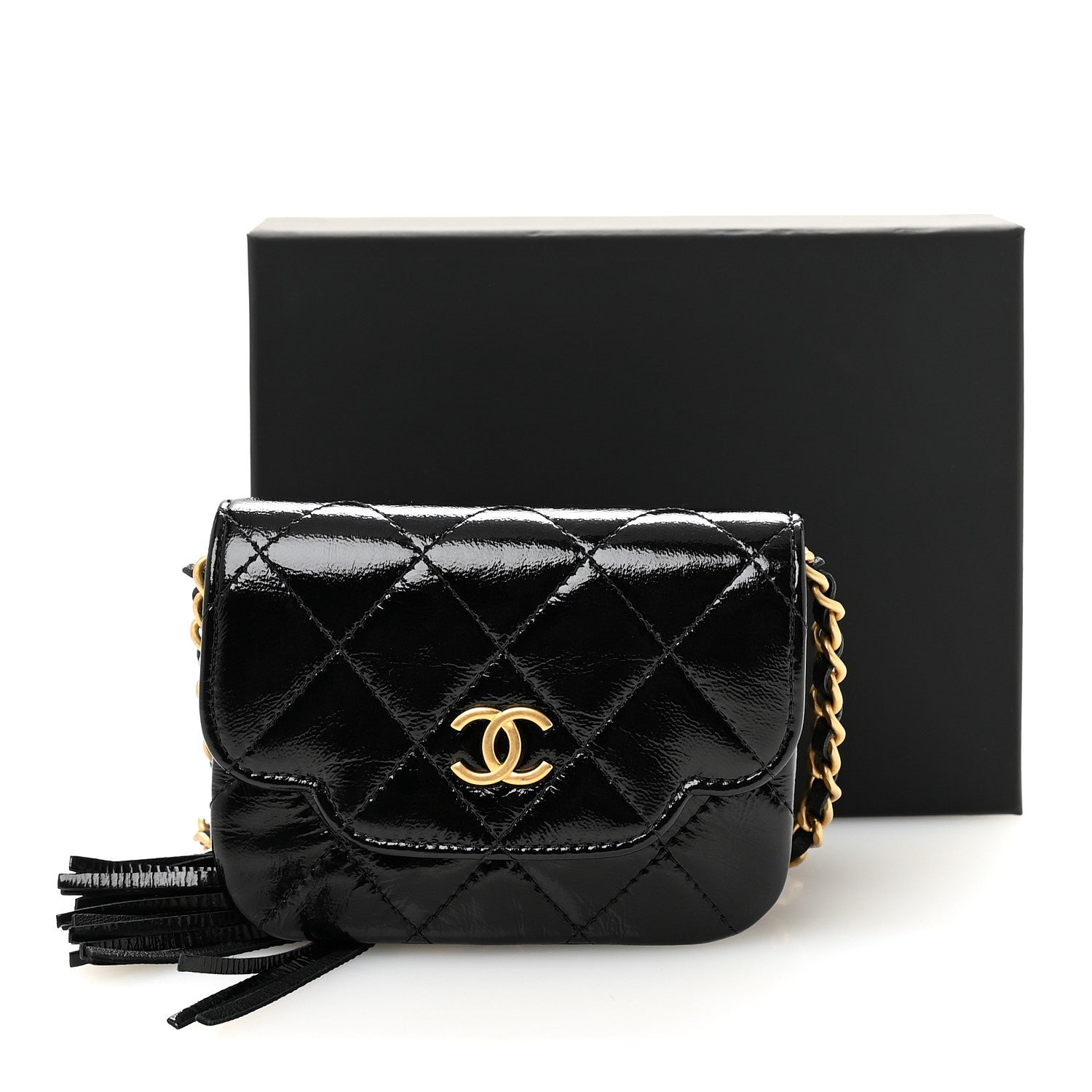 Chanel Crumpled Patent Lambskin Quilted Tassel Clutch With Chain Black 11 of 11