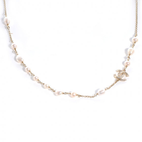 Pearl Crystal CC Ribbon Necklace Gold