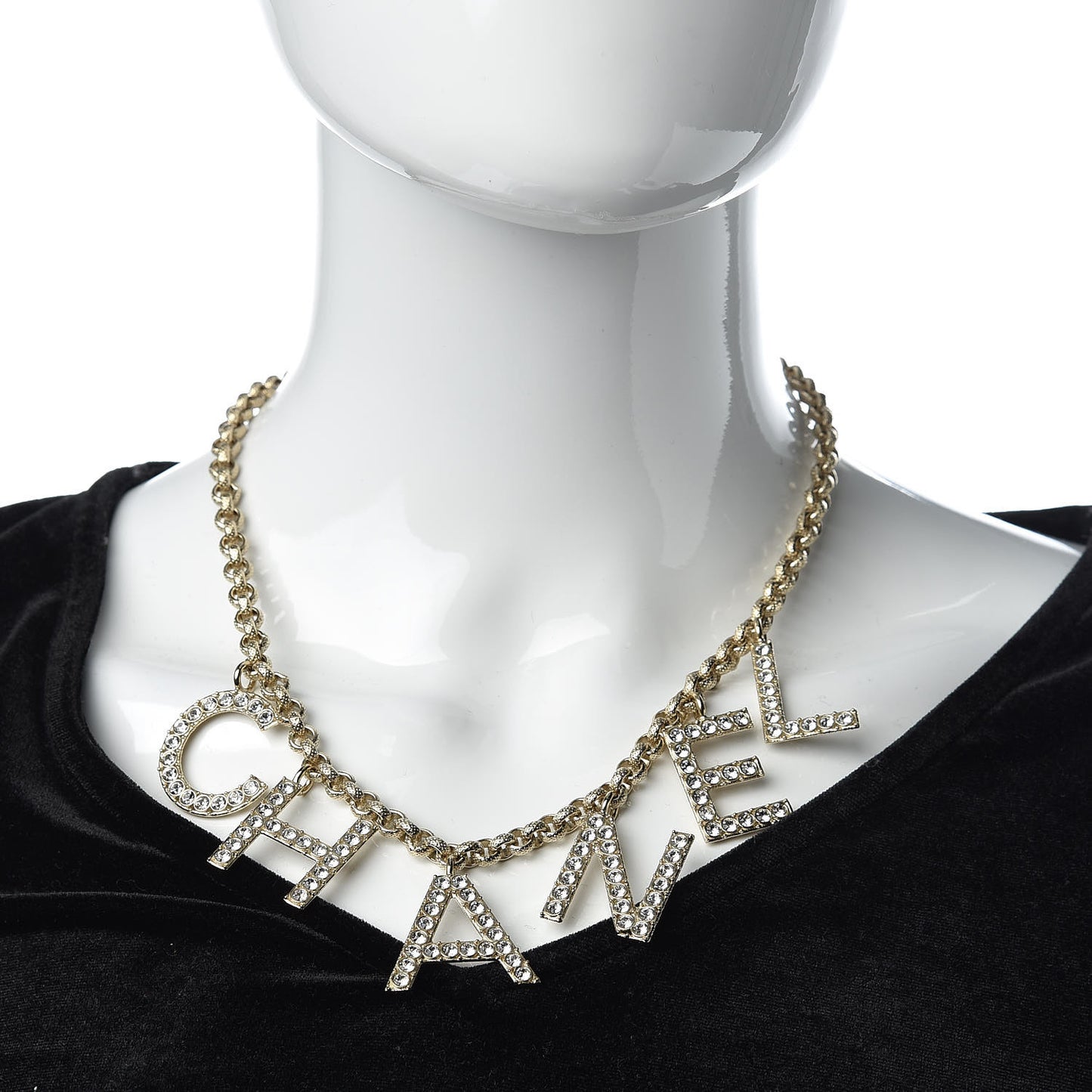 Metal Crystal Cha-Nel Logo Necklace Gold