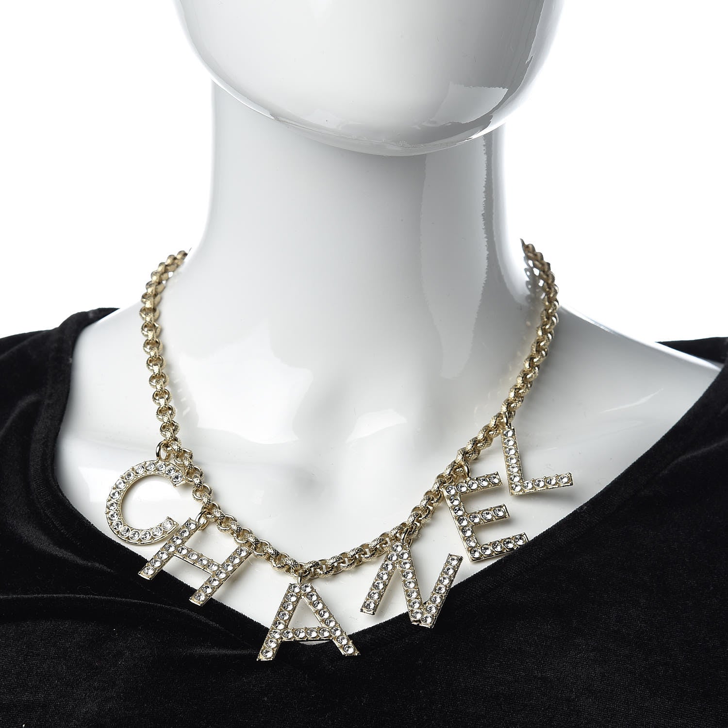Chanel Metal Crystal Cha-Nel Logo Necklace Gold 2 of 5
