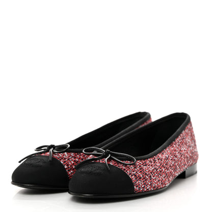 Chanel Tweed Grosgrain Sequin Cap Toe Ballerina Flats 38 Black Pink 3 of 10