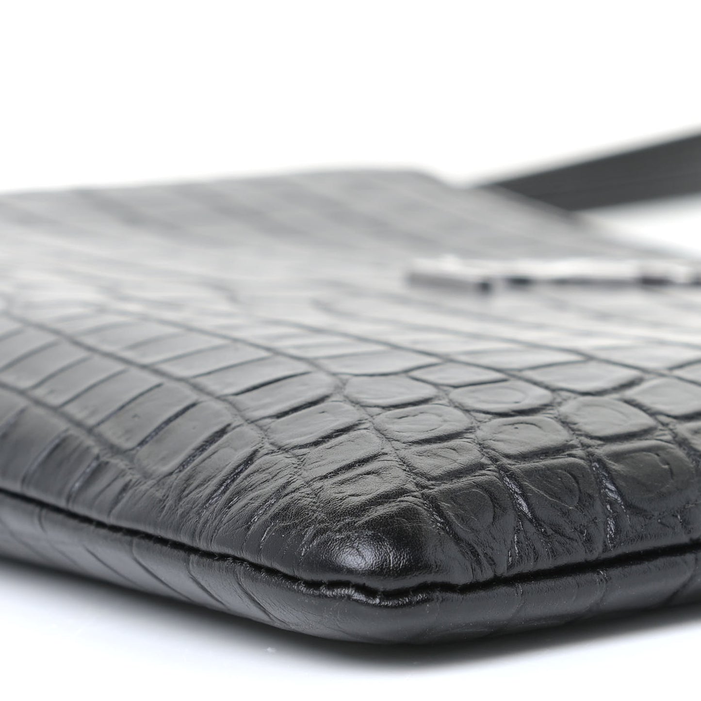 Calfskin Crocodile Embossed Monogram Zip Pouch Black