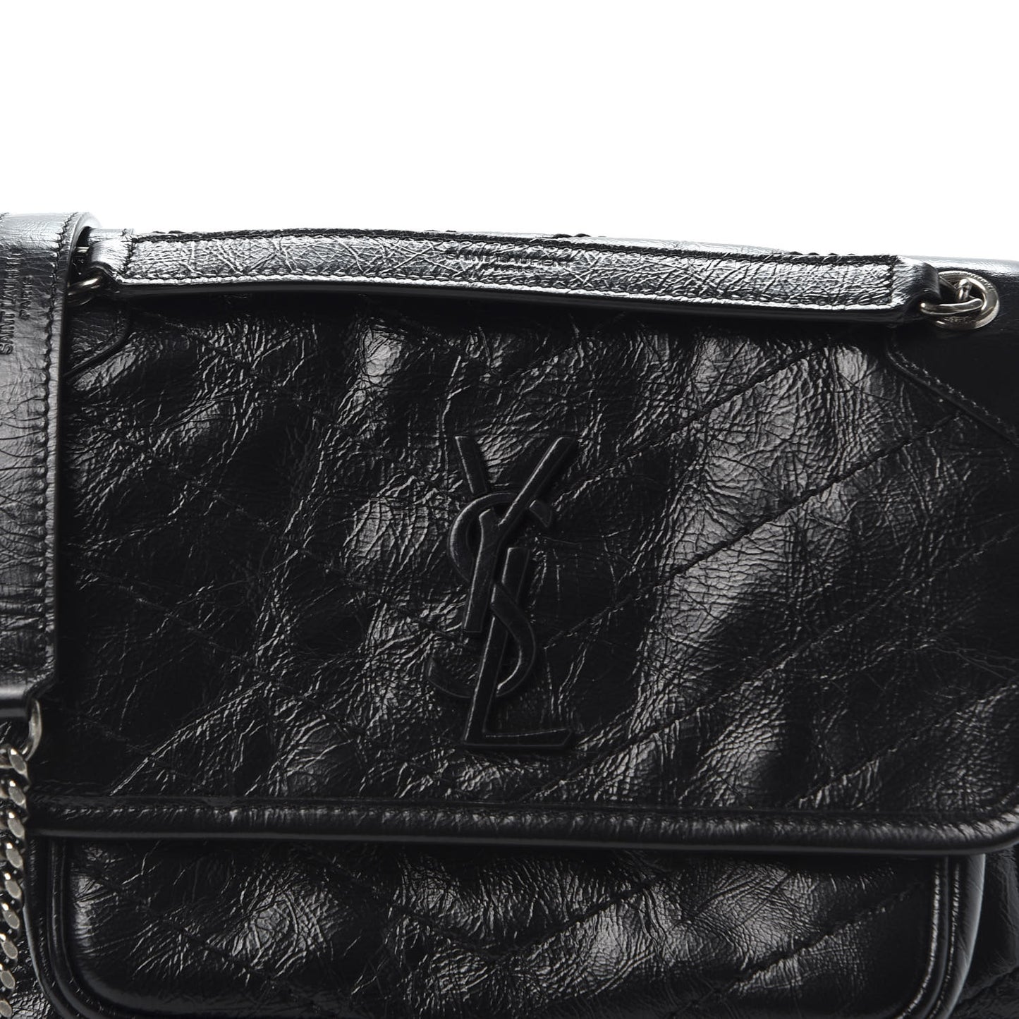 Crinkled Calfskin Matelasse Monogram Baby Niki Chain Satchel Black