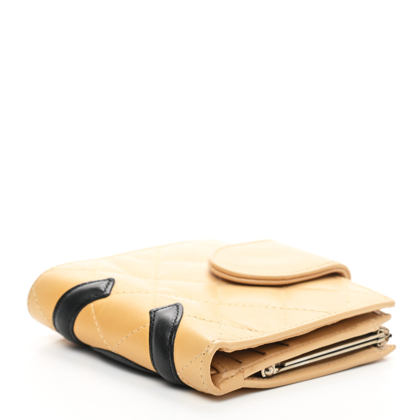 Calfskin Quilted Cambon Bi-Fold Wallet Beige Black