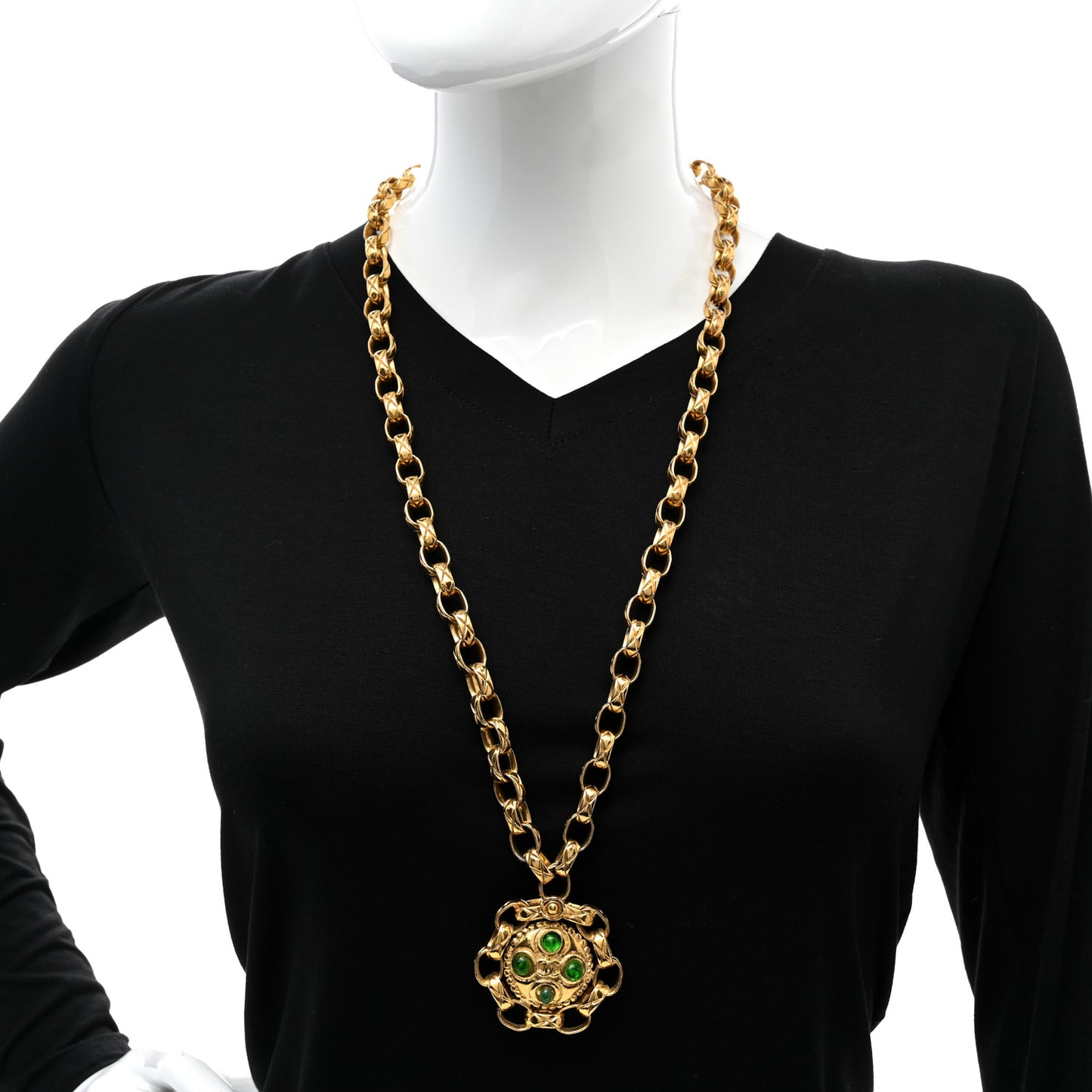 Crystal Gripoix Poured Glass Pendant Necklace Gold Green