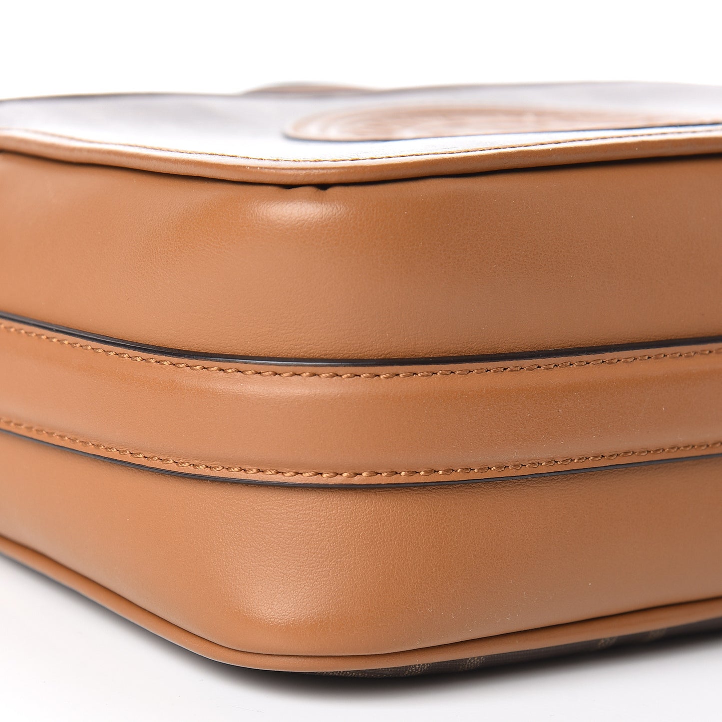 Glazed Fabric Vitello Century F is Fendi FF 1974 Stamp Patch Camera Case Mogano Panna Caramello