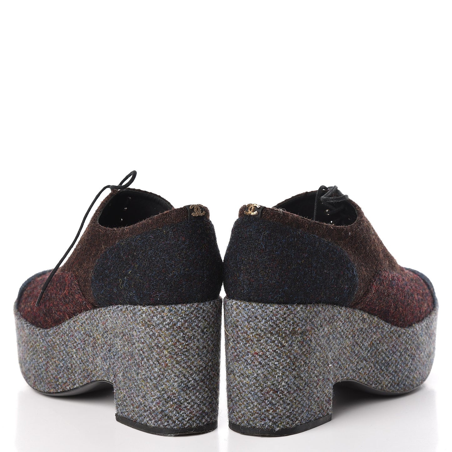 Tweed Lace Up Platform Oxford 40.5 Burgundy Navy Grey