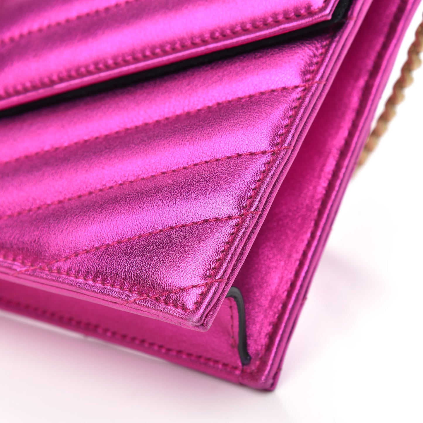Metallic Calfskin Matelasse Chevron Monogram Envelope Chain Wallet Fuchsia