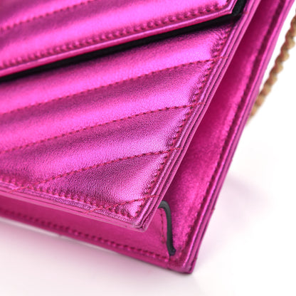 Saint Laurent Metallic Calfskin Matelasse Chevron Monogram Envelope Chain Wallet Fuchsia 8 of 10