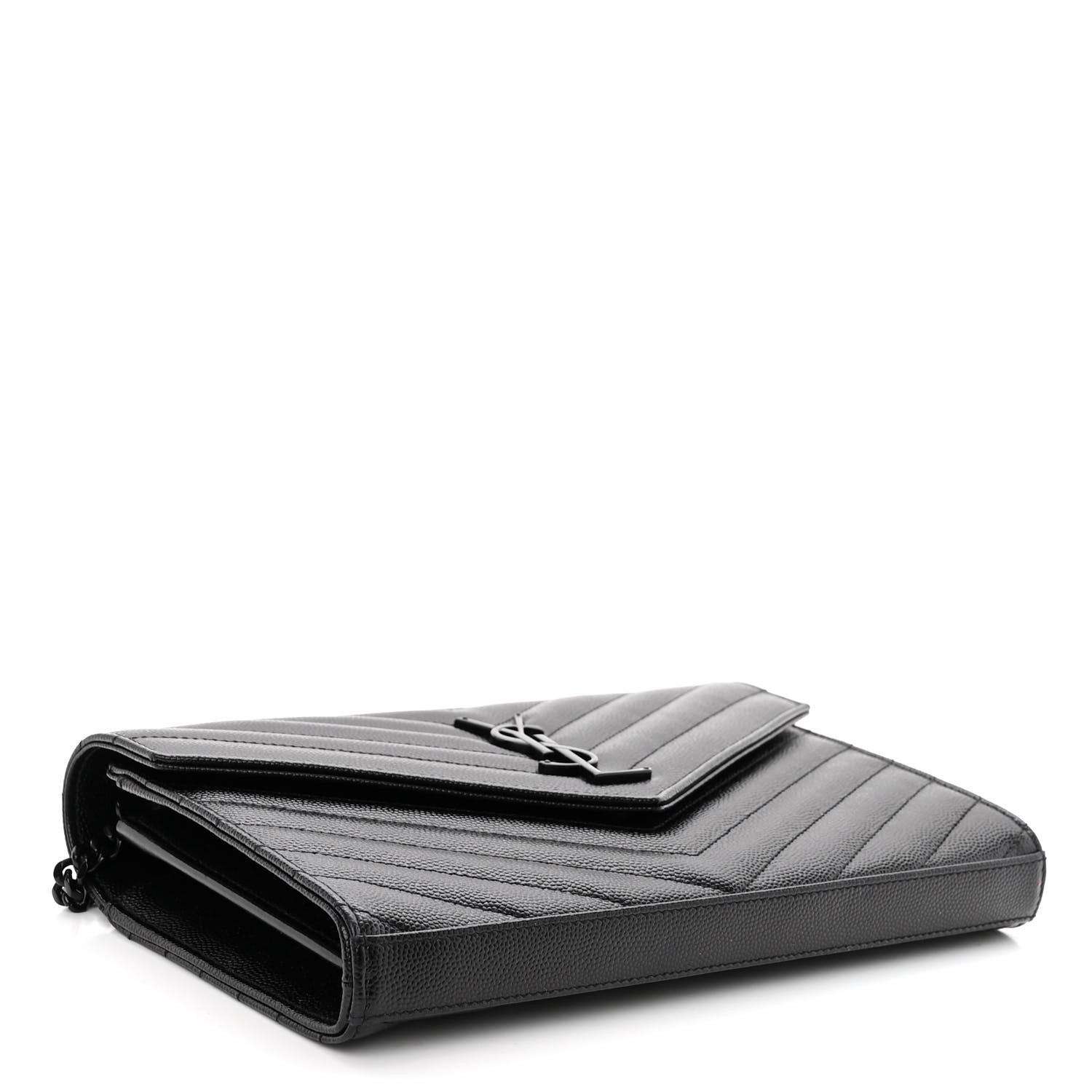 Saint Laurent Grain De Poudre Matelasse Chevron Monogram Monochrome Chain Wallet Black 4 of 9