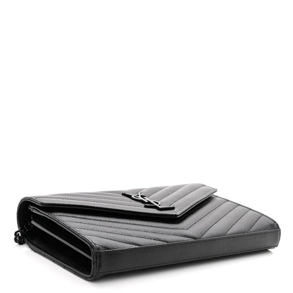 Saint Laurent Grain De Poudre Matelasse Chevron Monogram Monochrome Chain Wallet Black 4 of 9