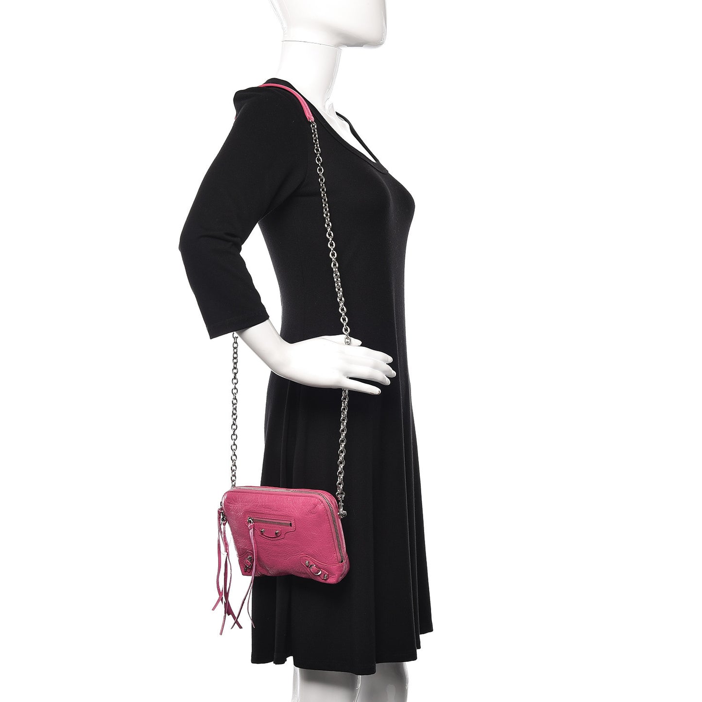 Agneau Arena Classic Silver Hardware Pouch With A Chain Crossbody Rose Flamingo