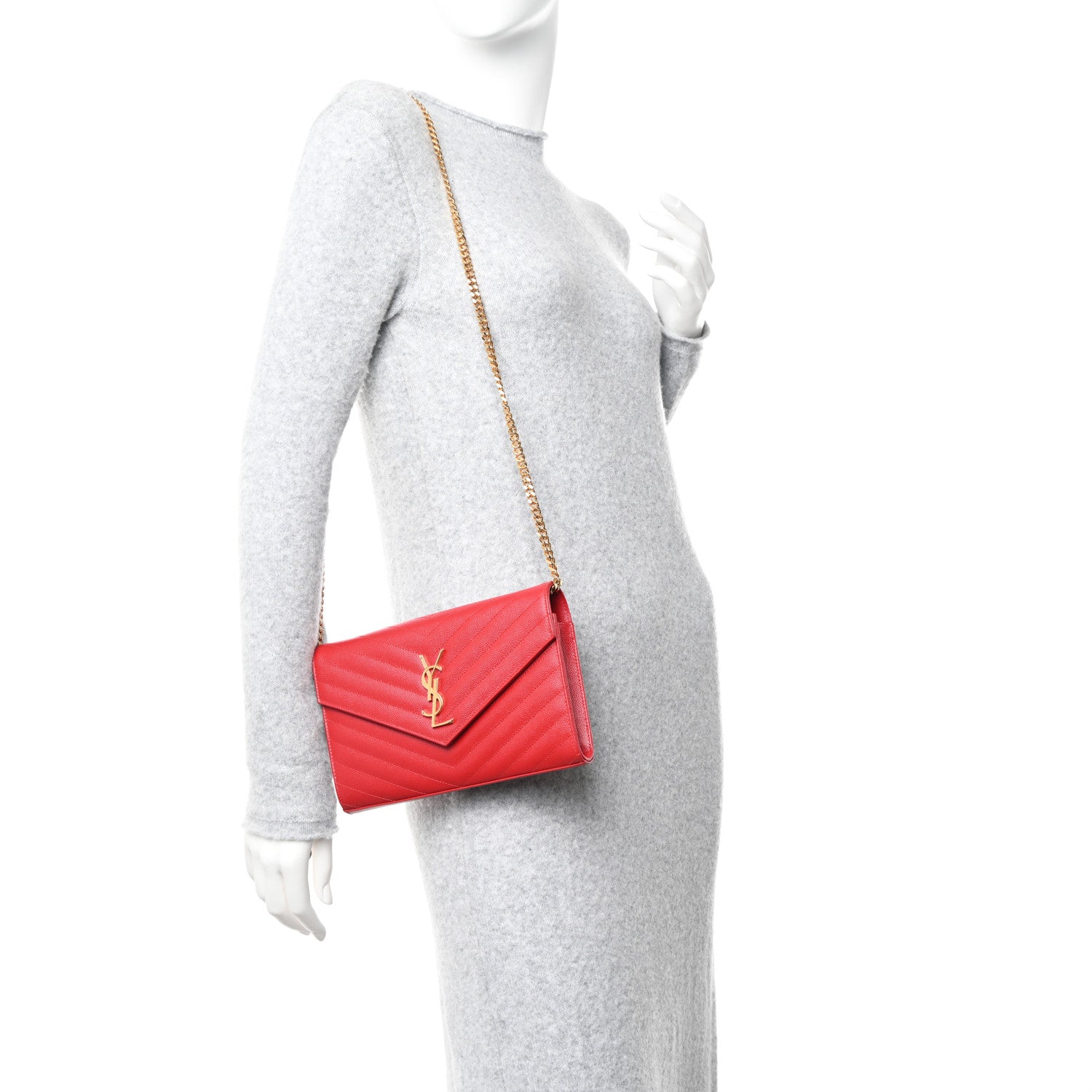 Saint Laurent Grain De Poudre Matelasse Chevron Monogram Chain Wallet New Red 2 of 14