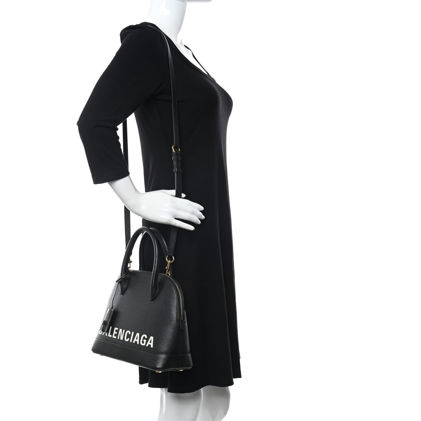Signature Grained Calfskin Logo S Ville Top Handle Bag Black White