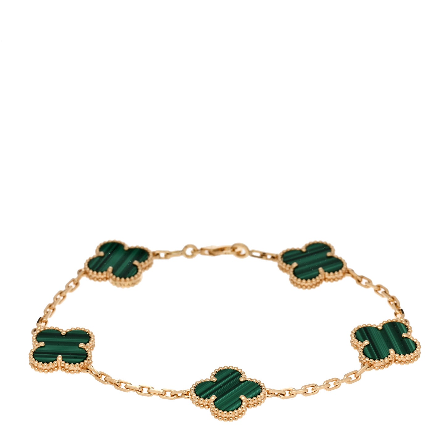 18K Yellow Gold Malachite 5 Motifs Vintage Alhambra Bracelet