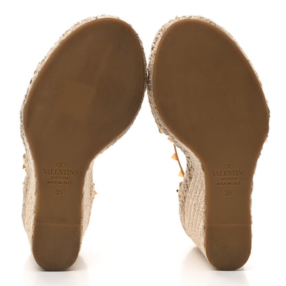 Valentino Garavani Metallic Pebbled Calfskin Rockstud Ankle Strap Espadrille 15/105mm Wedge Sandals 35 Antique Brass Natural 5 of 11
