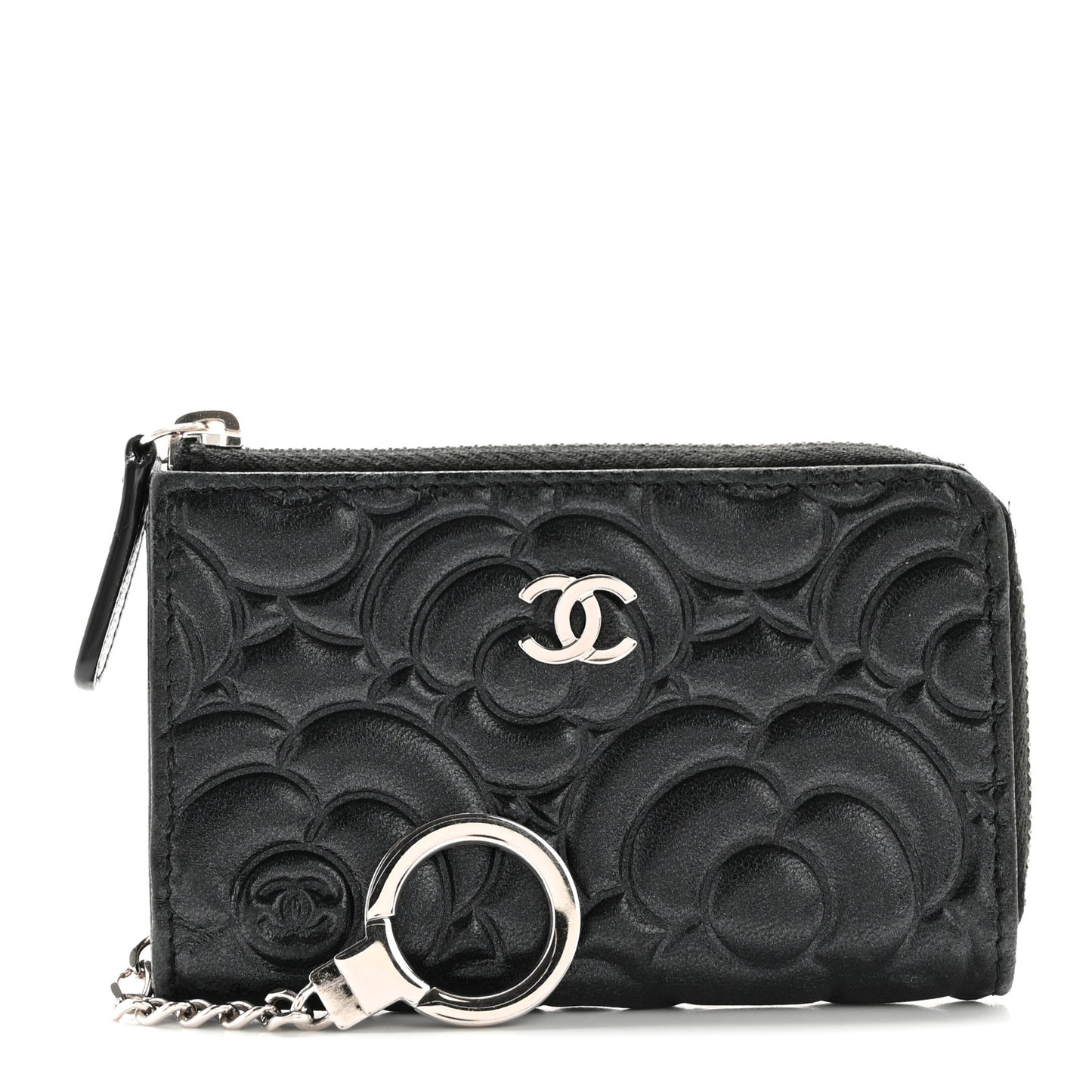 Lambskin Camellia Embossed Key Holder Case Black