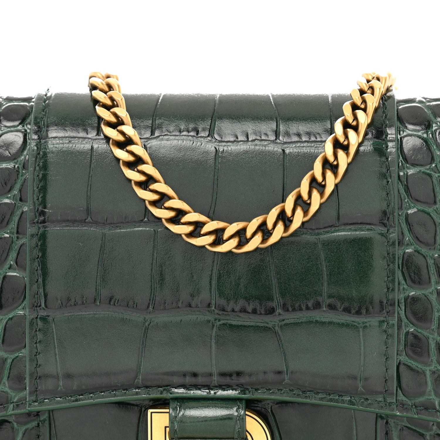 Balenciaga Shiny Calfskin Crocodile Embossed Hourglass Chain Bag Forest Green 7 of 10