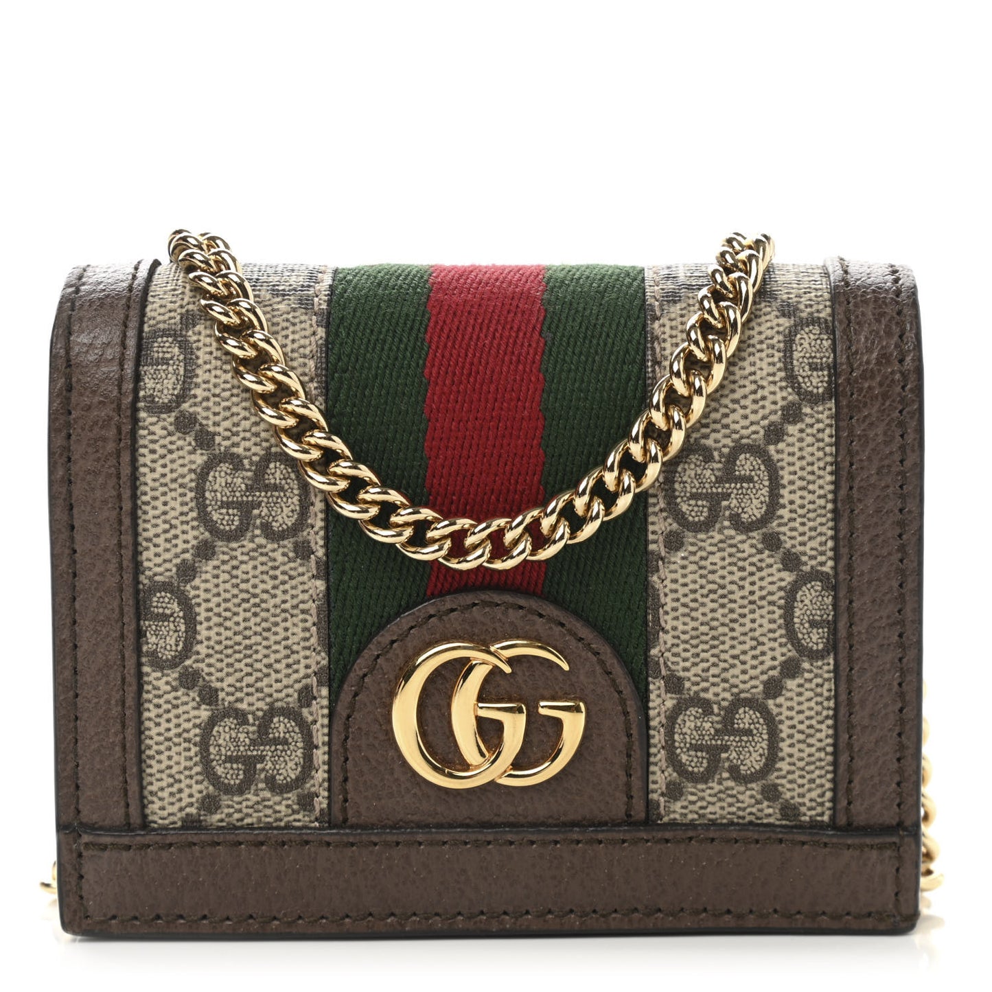 GG Supreme Monogram Web Ophidia Chain Card Case Wallet Beige New Acero