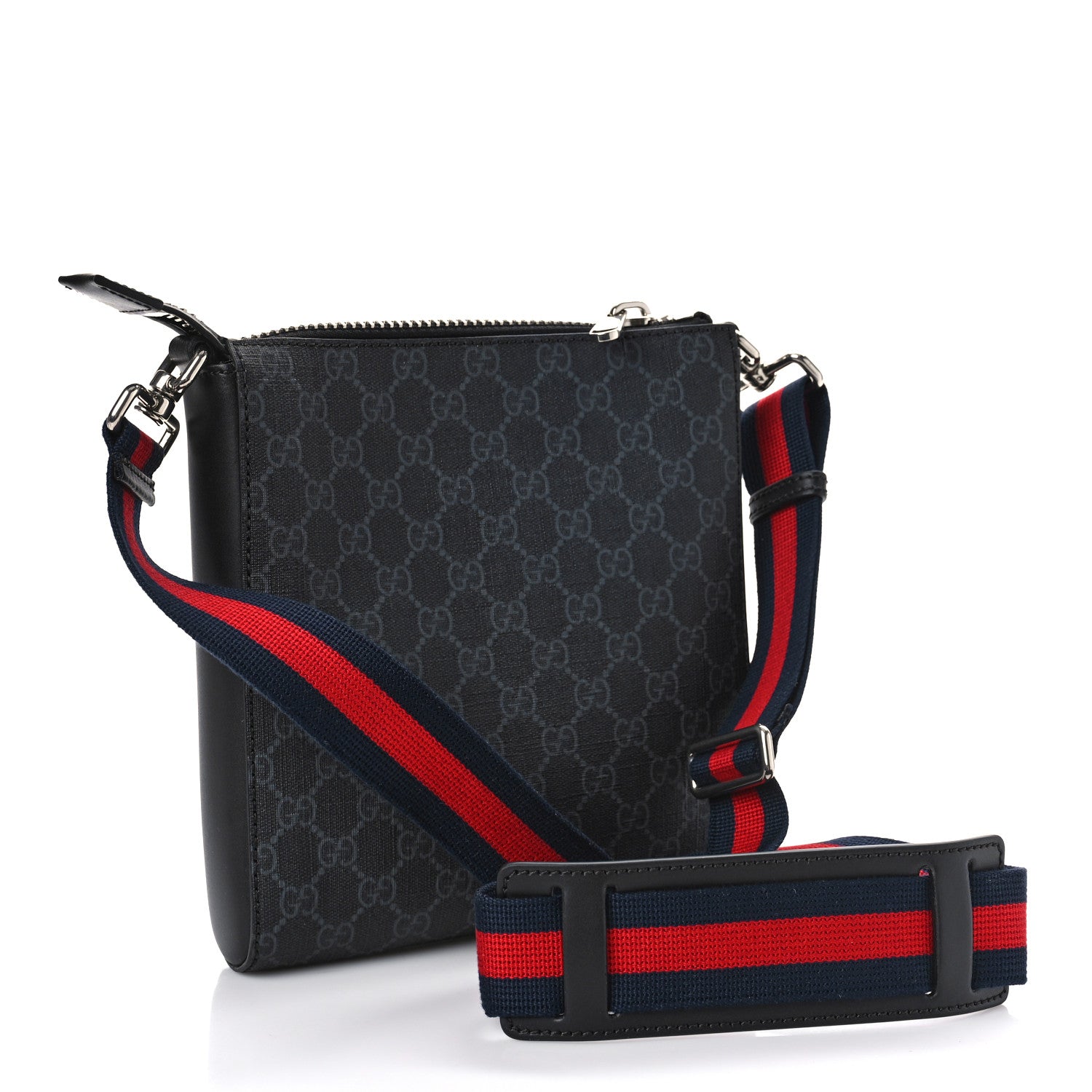 Gucci GG Supreme Monogram Web Small Flat Messenger Bag Black Grey 3 of 8