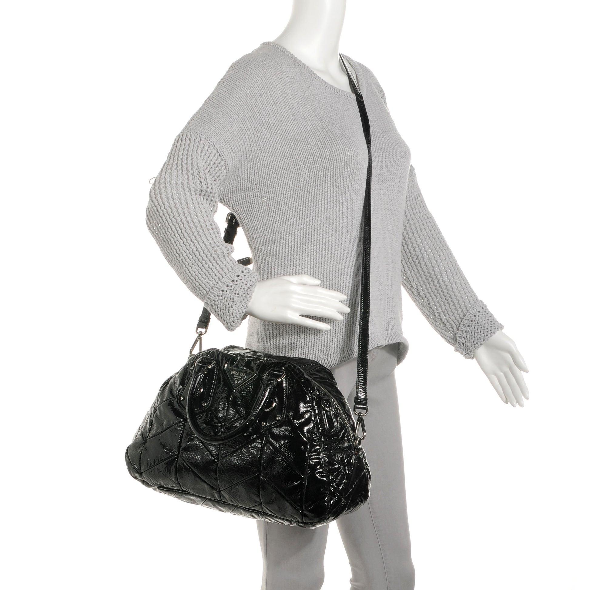 Prada Vernice Chevron Dome Satchel Black 2 of 8