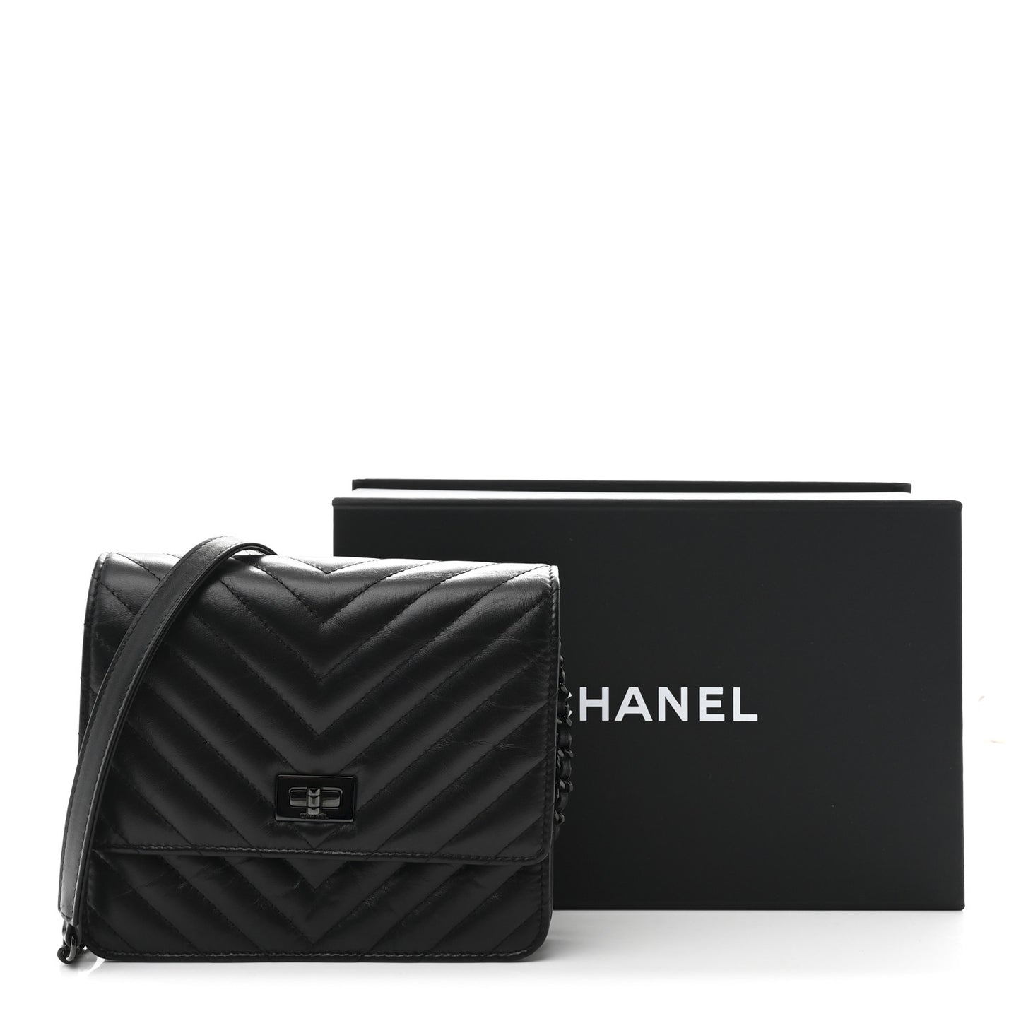 Aged Calfskin Chevron Quilted Reissue 2.55 Square Wallet On Chain WOC So Black