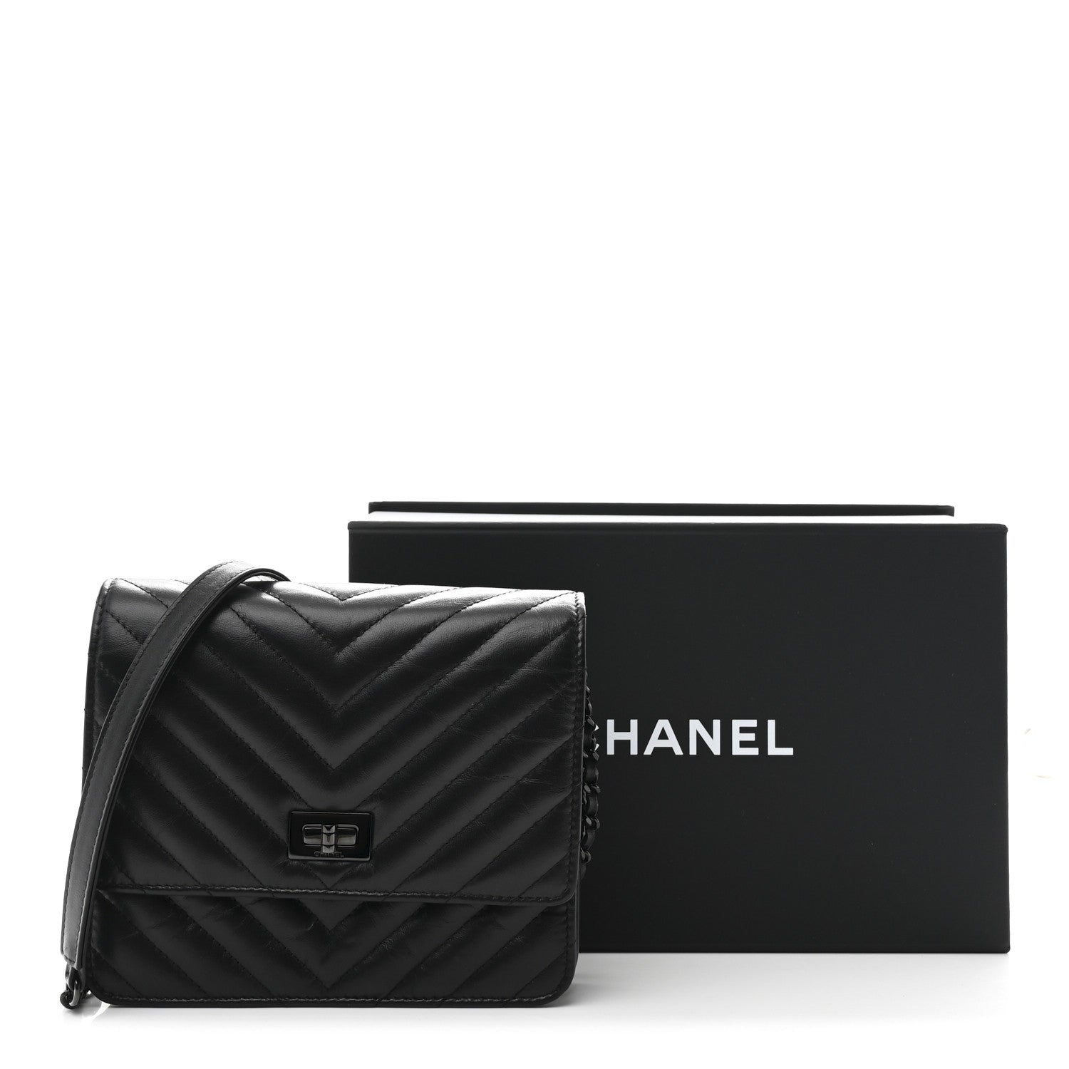 Chanel Aged Calfskin Chevron Quilted Reissue 2.55 Square Wallet On Chain WOC So Black 12 of 12