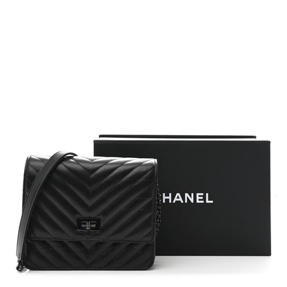 Chanel Aged Calfskin Chevron Quilted Reissue 2.55 Square Wallet On Chain WOC So Black 12 of 12