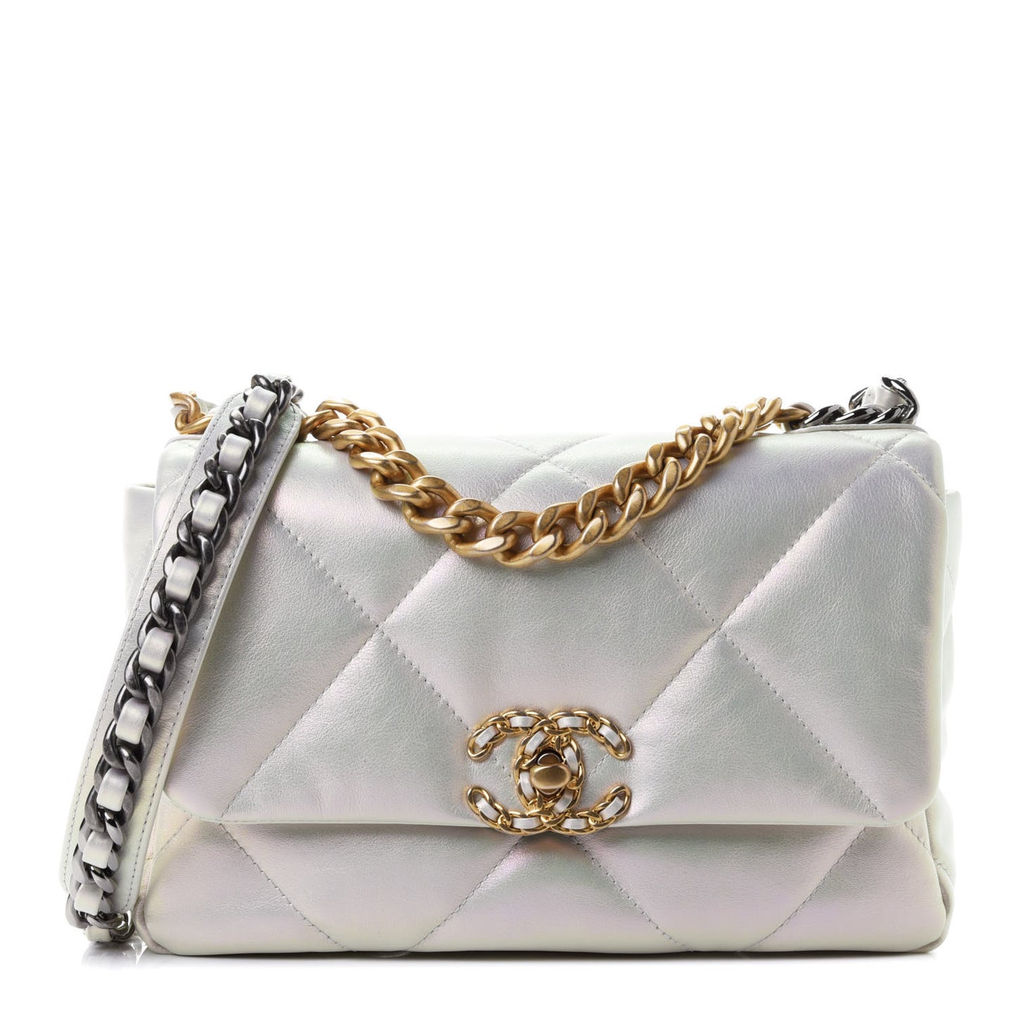 Iridescent Calfskin Quilted Medium Chanel 19 Flap White