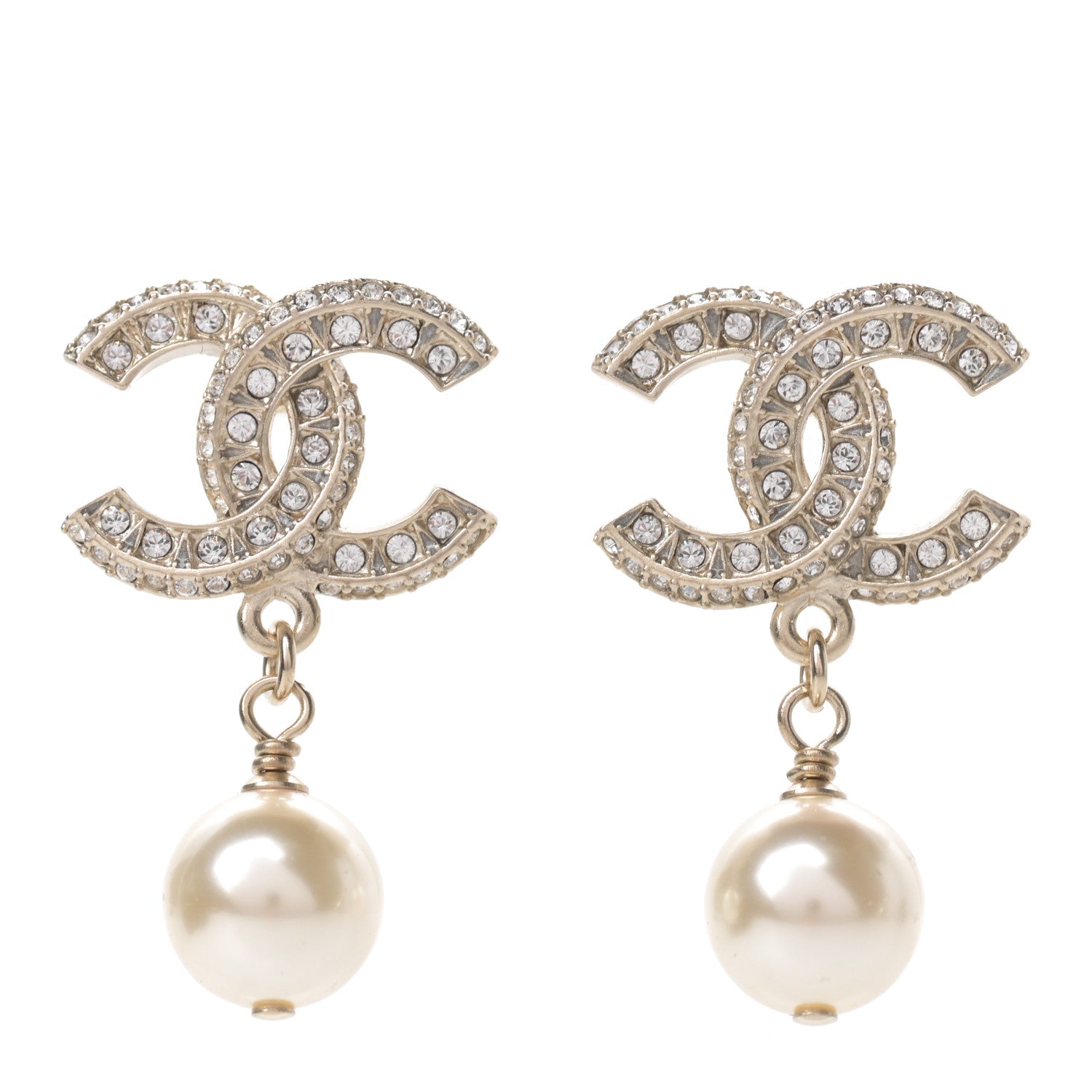 Chanel Crystal Pearl CC Drop Earrings Gold 1 of 5