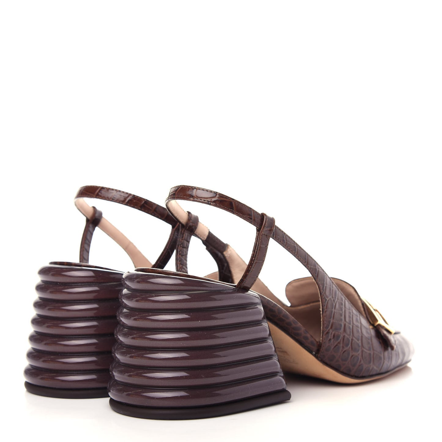 Calfskin Crocodile Embossed Promenade Slingback Loafer Pumps 36.5 Dark Brown