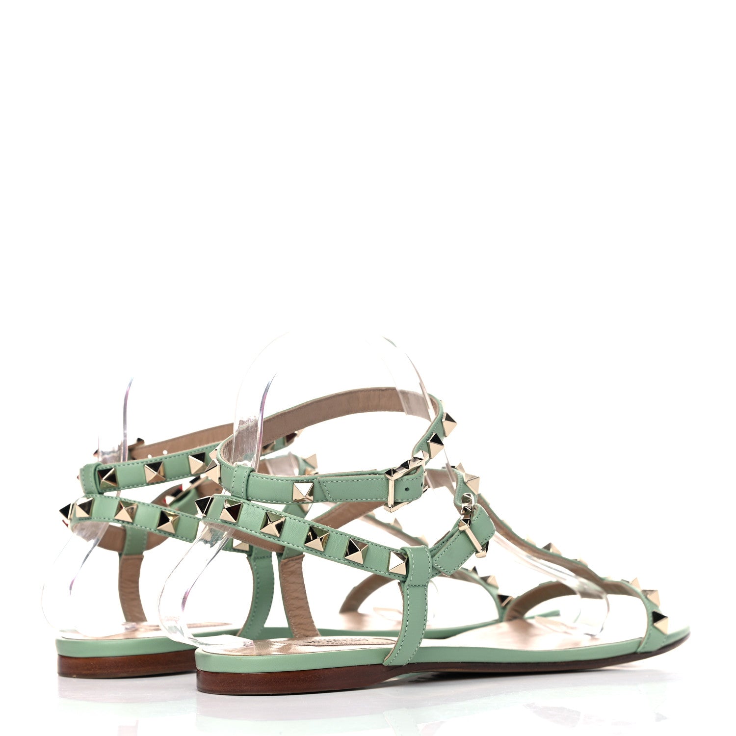 Valentino Garavani Calfskin Rockstud Ankle T-Strap Flat Sandals 39.5 Powder Green 4 of 13