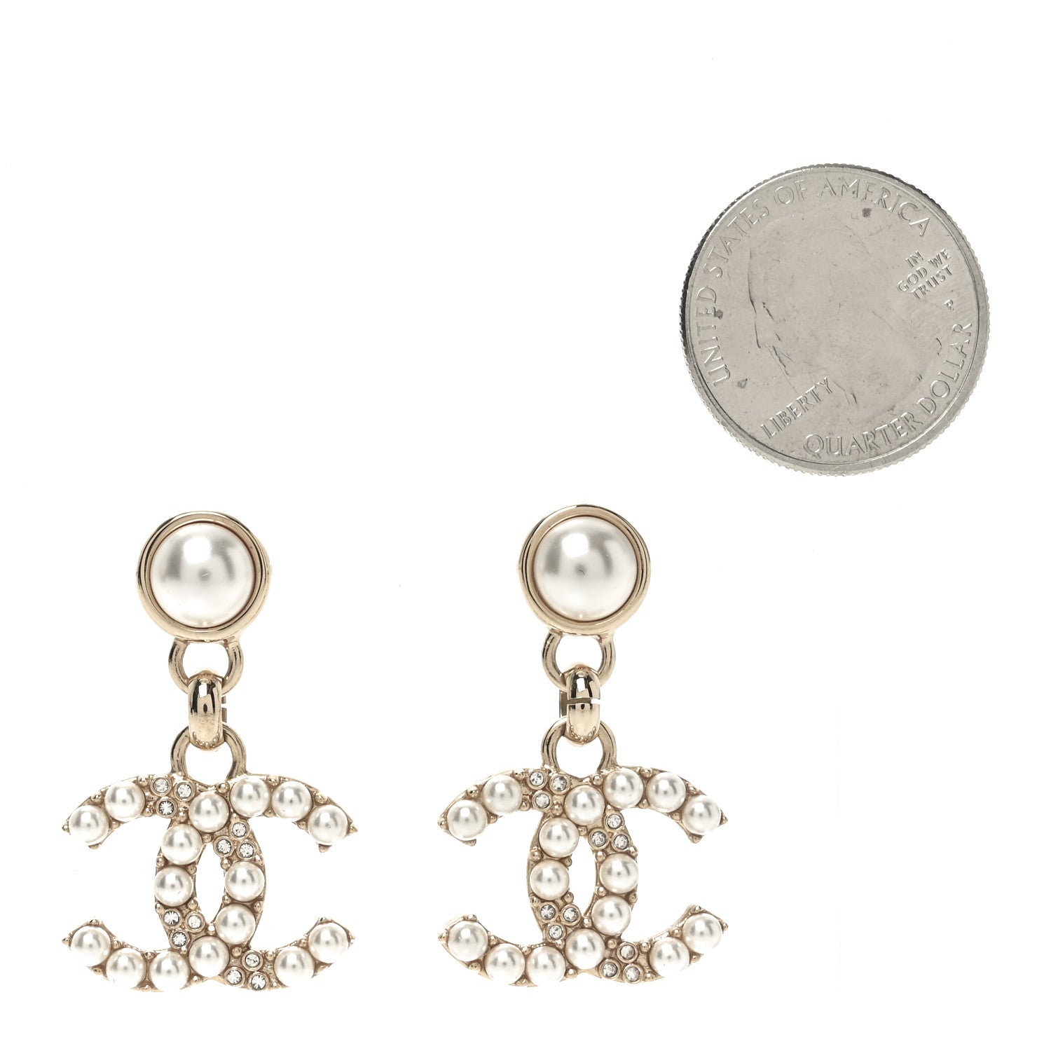 Chanel Pearl Crystal CC Drop Earrings Gold 2 of 4