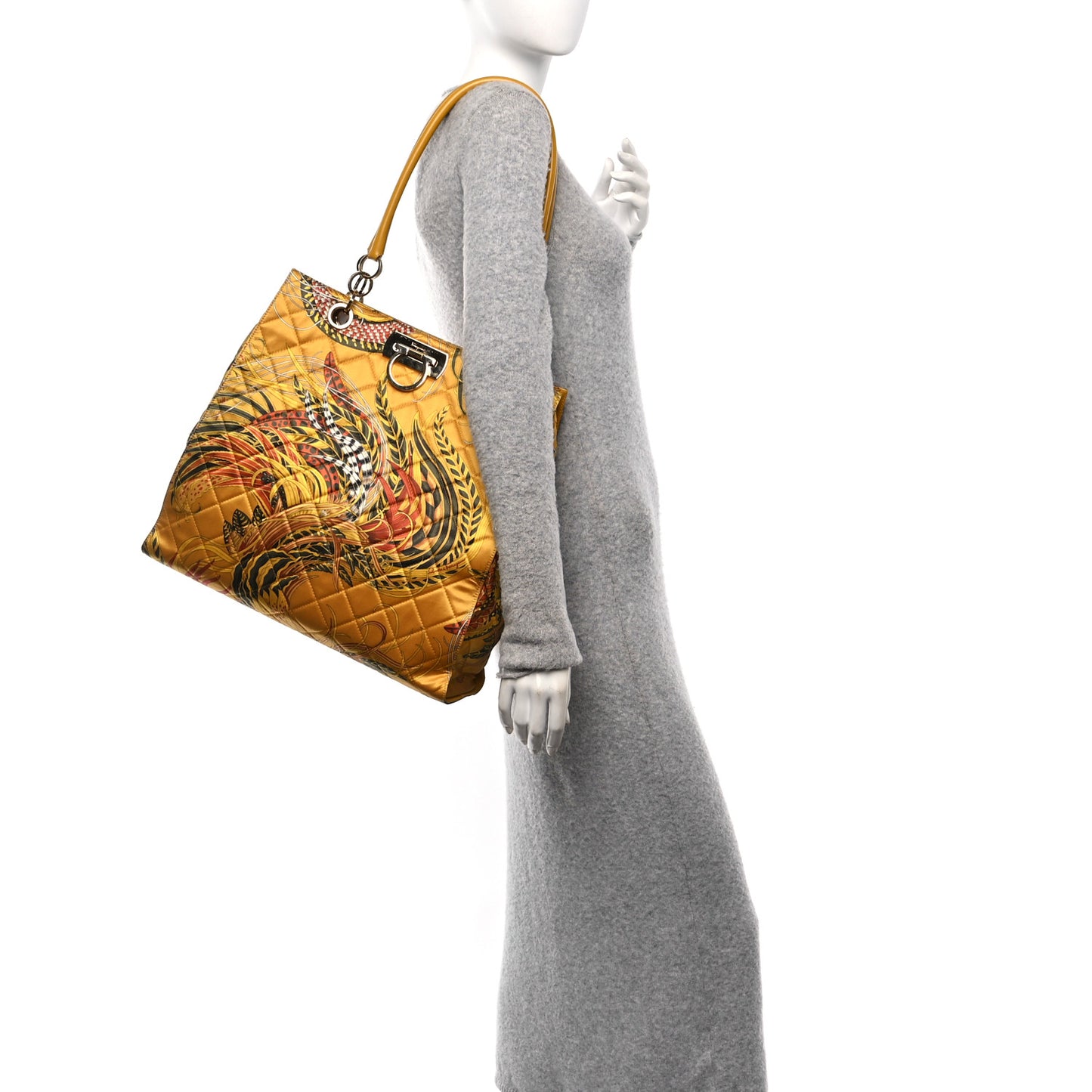 Silk Quilted Printed Gancini Tote Gold Multicolor