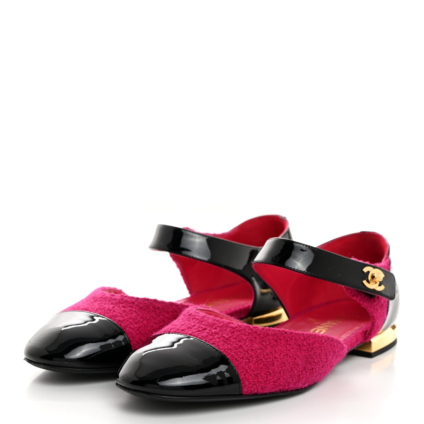 Tweed Patent Cap Toe Ballerina Flats 40 Dark Pink Black
