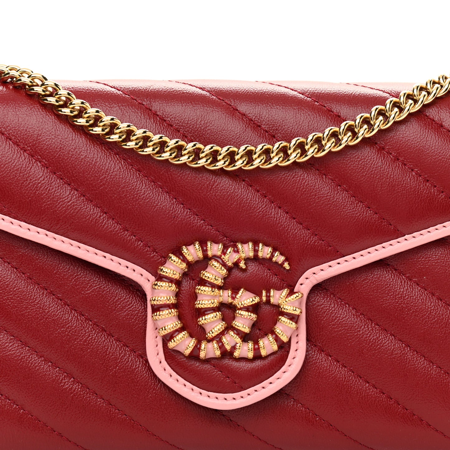 Azalea Calfskin Enamel Matelasse Diagonal Torchon GG Marmont Chain Wallet New Cherry Red Wild Rose