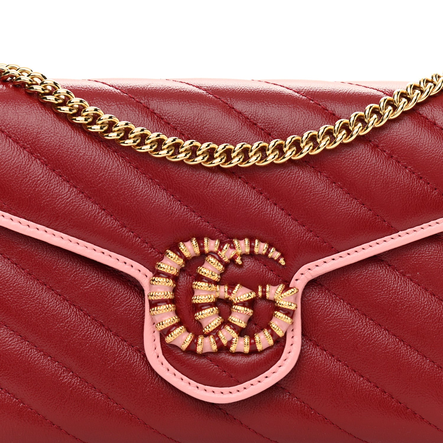 Gucci Azalea Calfskin Enamel Matelasse Diagonal Torchon GG Marmont Chain Wallet New Cherry Red Wild Rose 8 of 11