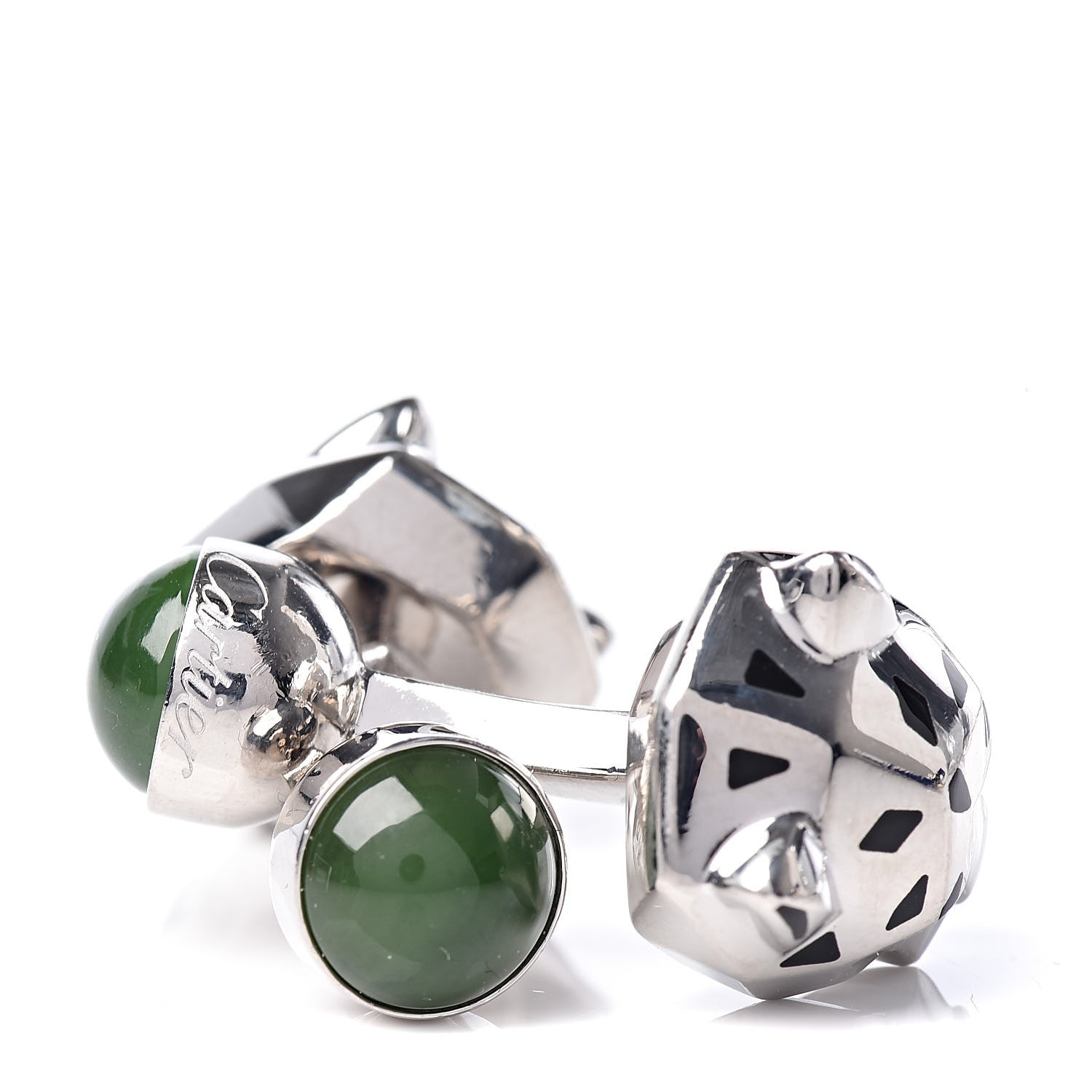 Cartier Sterling Silver Green Jade Lacquer Panther-Head Decor Cufflinks 7 of 8